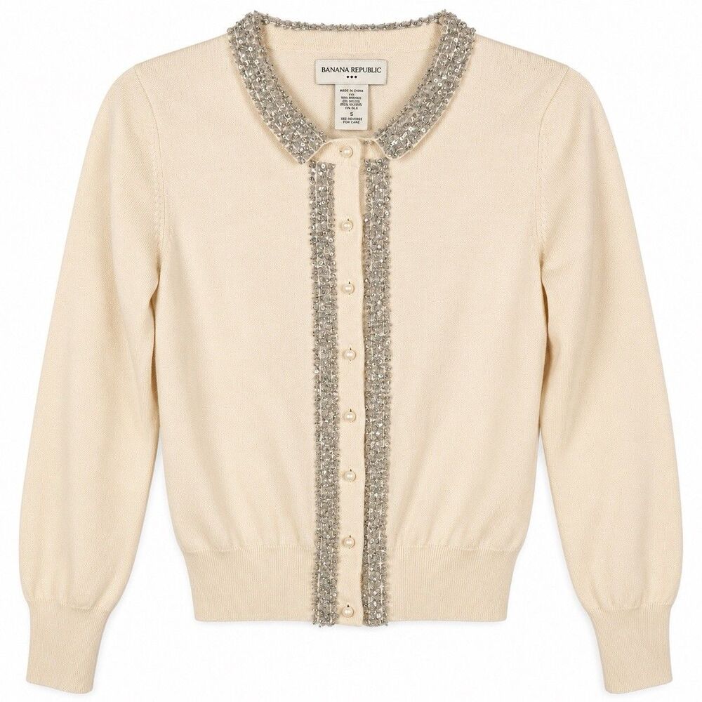 Banana Republic Small Silk Cardigan Ivory Beaded Sequin Pearl Button Sweater